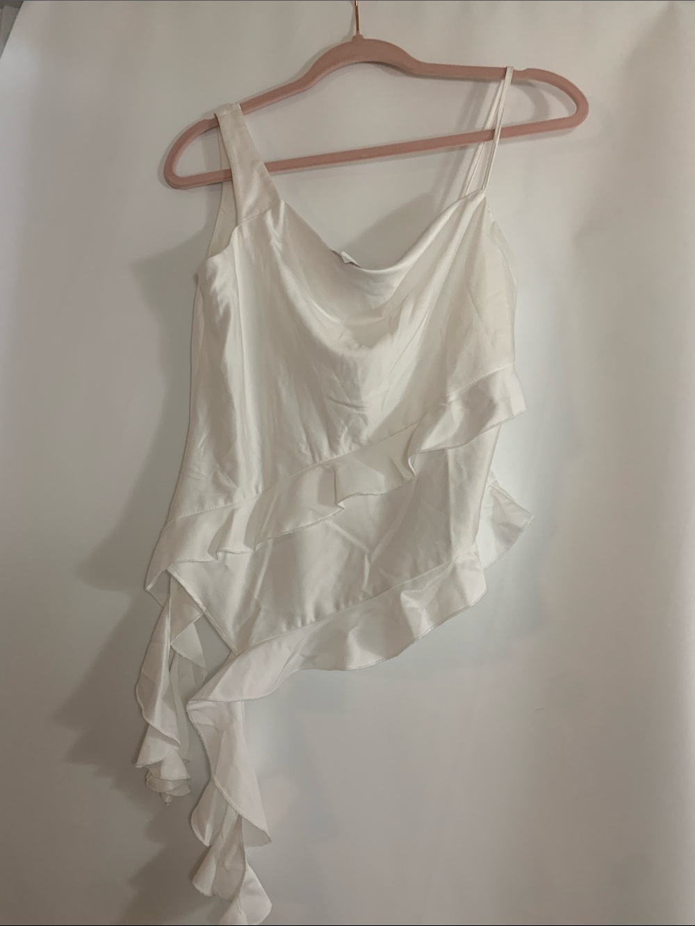 Topshop White Satin Asymmetric Ruffle Camisole